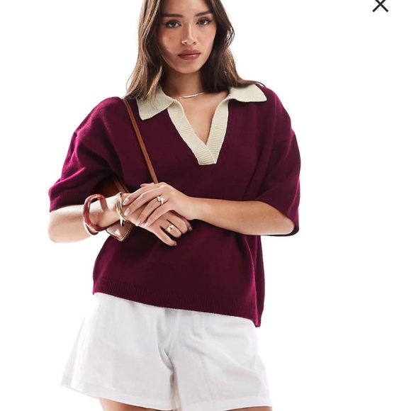 ASOS DESIGN knit polo top with contrast notch collar in burgundy - Picture 3 of 4